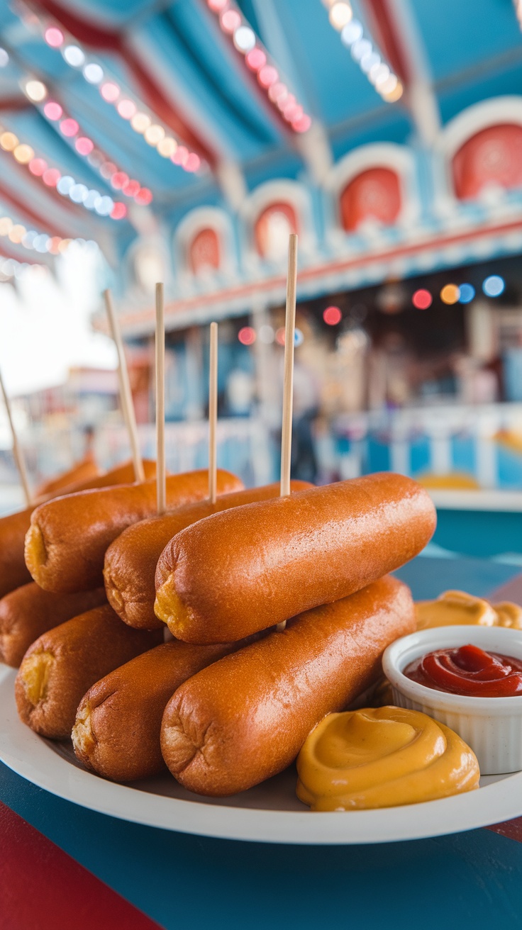 A delicious plate of homemade corn dogs served with mustard and ketchup, set in a carnival-themed background.